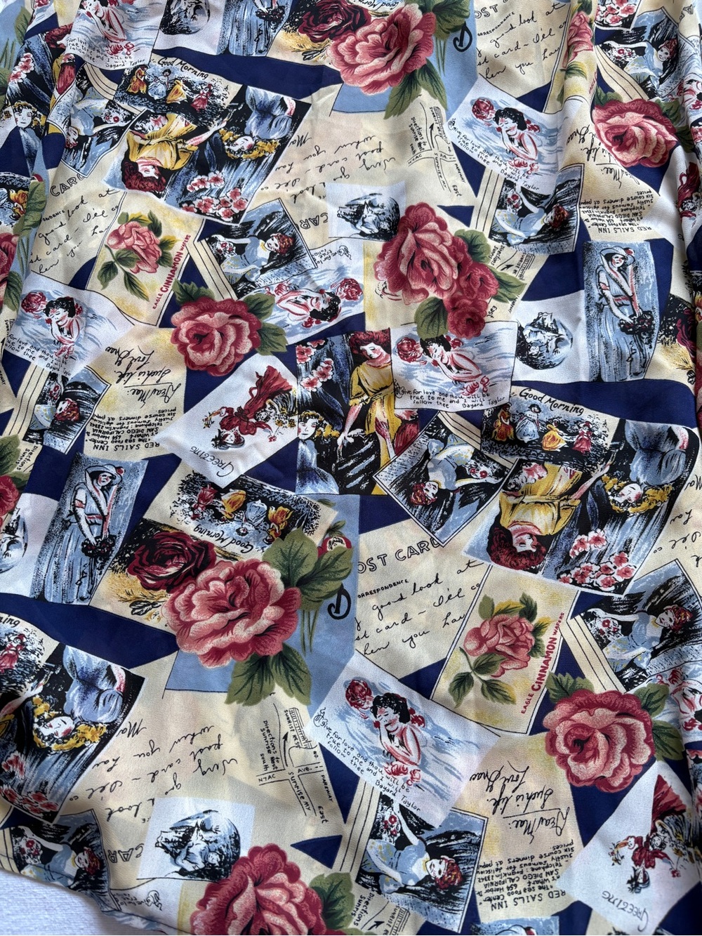 Floral Vintage Postcard Print A-Line Skirt - Navy & Rose Made in Korea Sz 28W